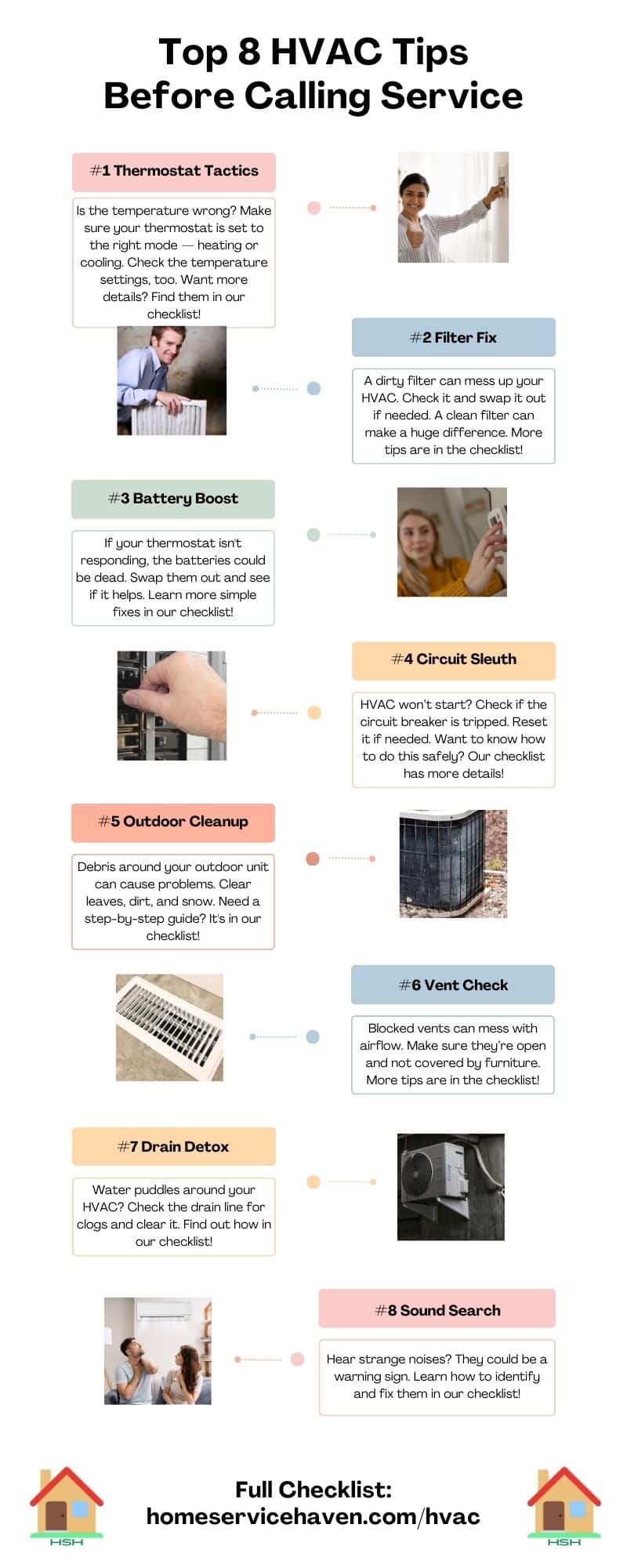 Infographic showing Top 8 HVAC Tips to try before calling for repair, including checking thermostat settings, replacing air filters, and ensuring proper airflow—visit HomeServiceHaven.com/HVAC for more information.
